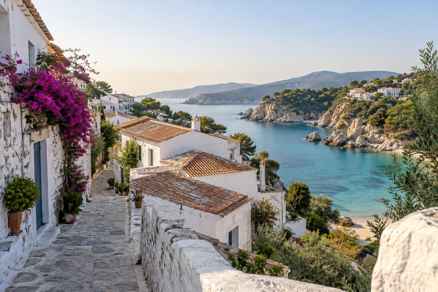 A whitewashed hillside village above a turquoise Mediterranean cove